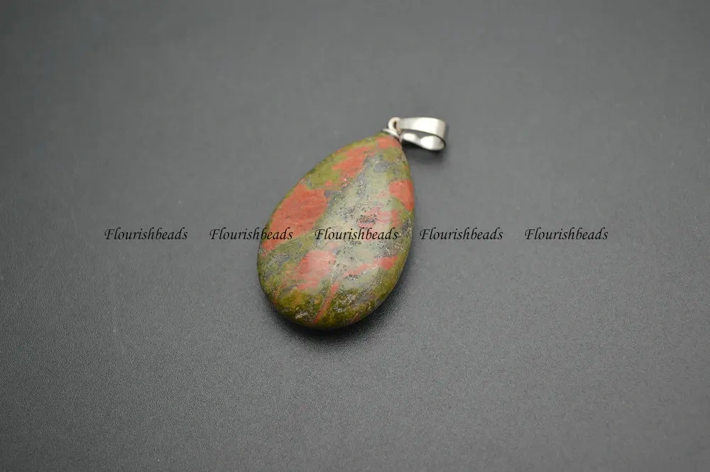 Natural Stone Flat Drop Pear Shape Pendants  ( Amethyst / Tiger Eye / Rose Quartz / Aventurine / Opal / Unakite / Black Agate)