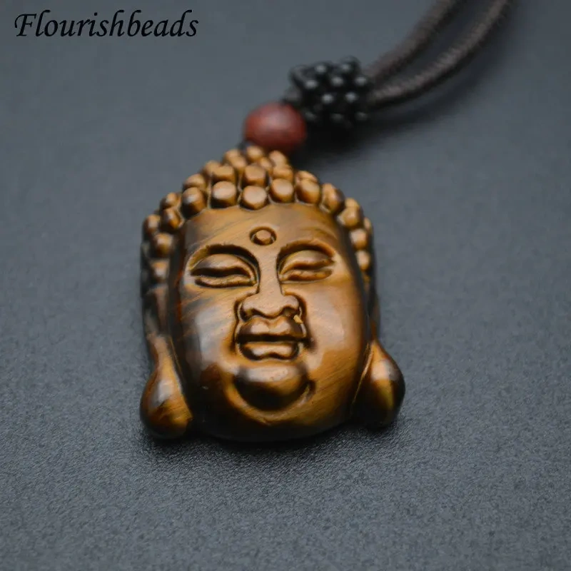 Natural Tiger Eye Gemstone Carved Buddha Head Shape Pendants Necklace Adjustable Cord Jewelry Party Gift Buddhist Accessories
