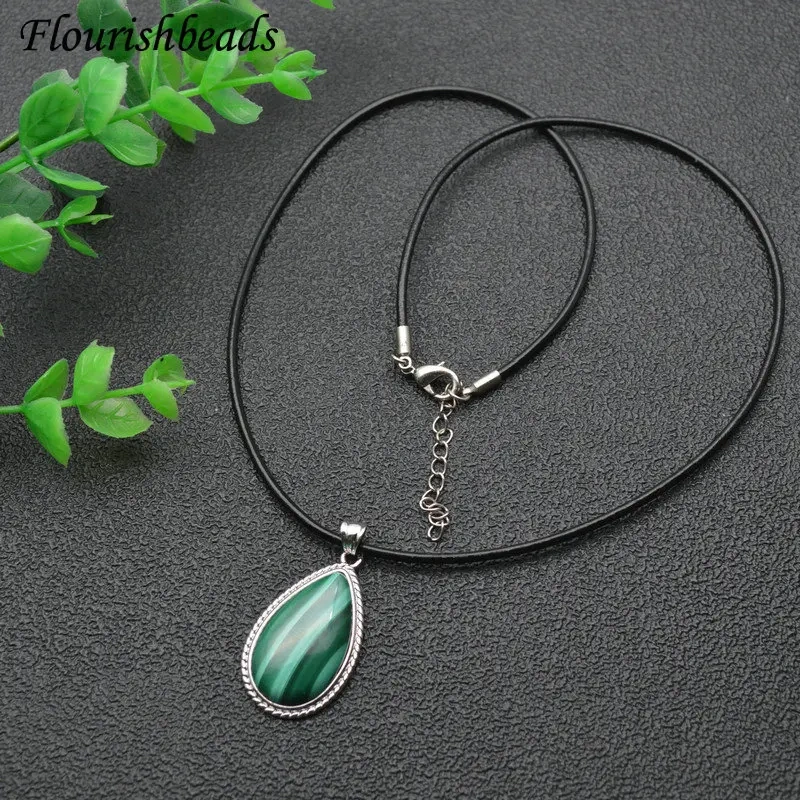 Natural Malachite Stone Free From Impurities Gemstone Water Drop Annual Circle Pendant Leather Chain Necklace Vintage Jewlery