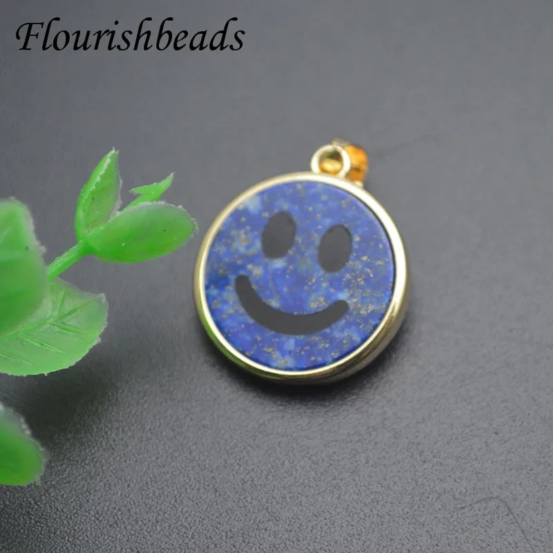 15mm Cute Smiley Round Natural Stone Pendants Lipis Amethyst Charms for DIY Necklace Jewelry Making Accessories 5pcs/lot