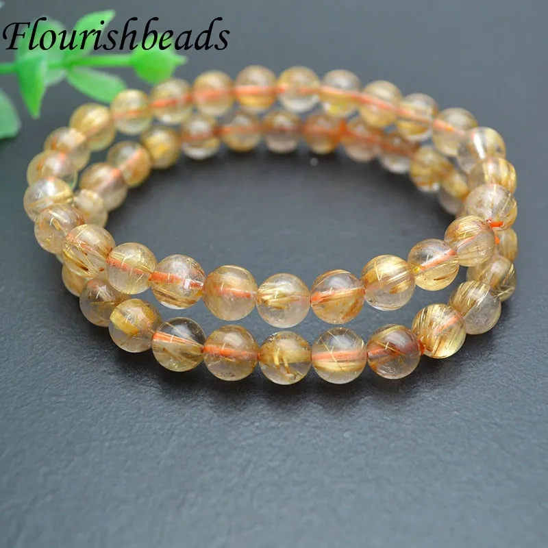 8mm Bead 100% Natural Gold Rutilated Quartz Stretch Bracelet Woman Man Luck Wealthy Beads Fine Jewelry Bangle 7.5 Inch