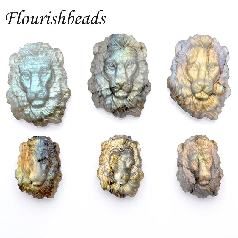 Natural Shiny Labradorite Stone Carved Lion Head Pendant Brave Lucky Reiki Amulet for DIY Necklace Jewelry Making