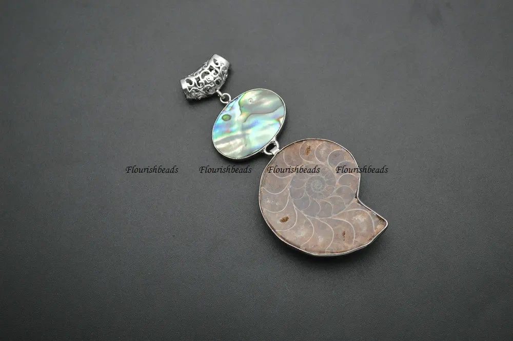 Natuarl Brown Ammonite Abalone Shell Double Layer Stone Necklace Pendant Big Size Jewelry Supplies
