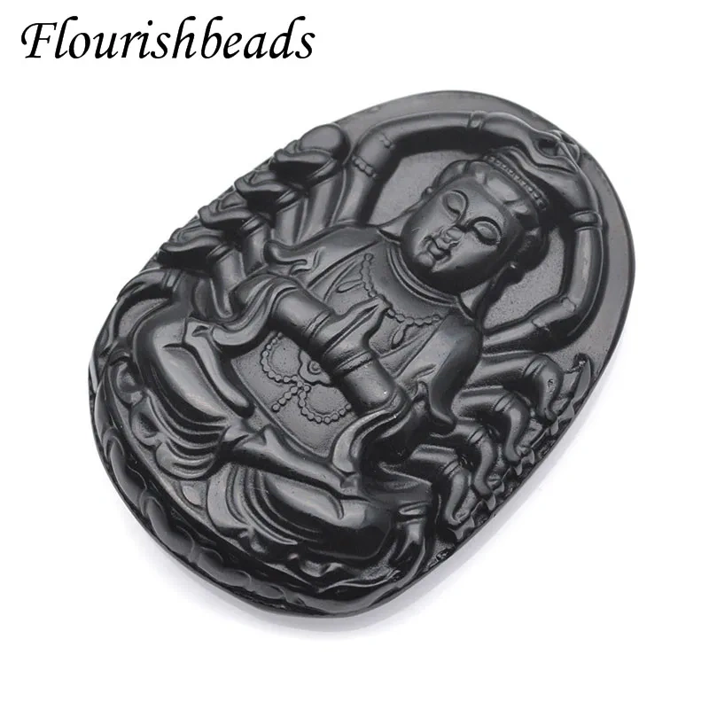 Natural Stone Black Obsidian Carved Guanyin Head Lucky Amulet Pendant DIY Necklace Fine Jewelry for Women Men