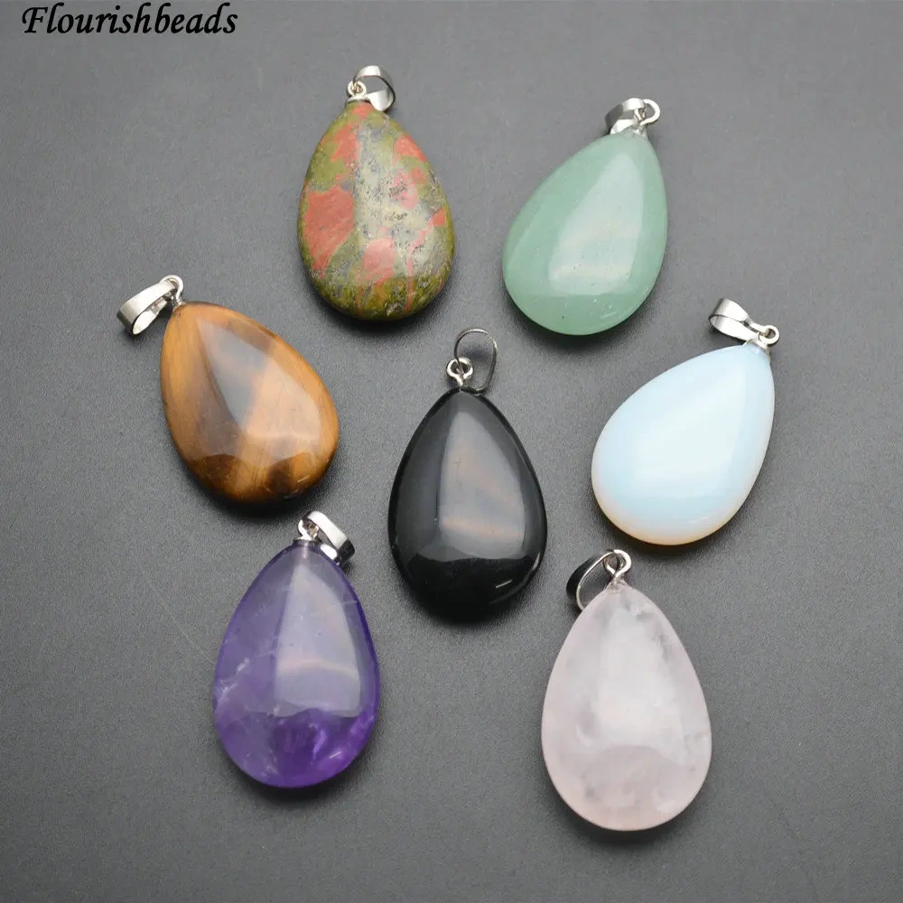 Natural Stone Flat Drop Pear Shape Pendants  ( Amethyst / Tiger Eye / Rose Quartz / Aventurine / Opal / Unakite / Black Agate)