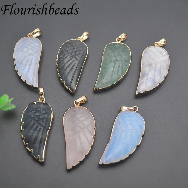 18x35mm Natural Stone Rose Quartz Opal Aventurine Fluorite Bead Carved Angel Wings Feather Pendant  for DIY Necklace