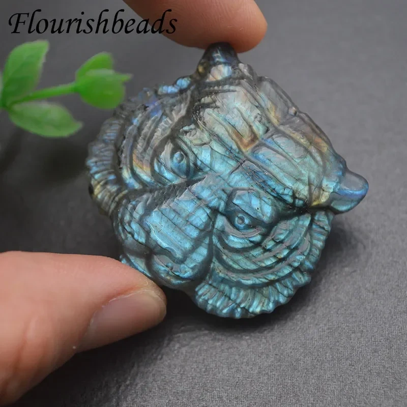1pc Natural Stone Shiny Labradorite Carved Tiger Head Pendant Brave Quartz Crystal for DIY Fine Jewelry