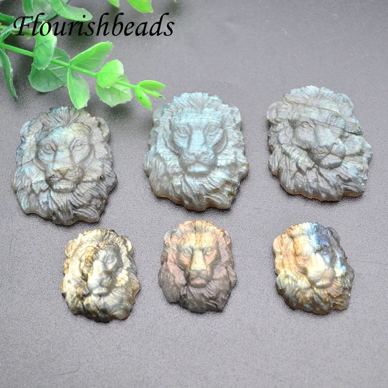 Natural Shiny Labradorite Stone Carved Lion Head Pendant Brave Lucky Reiki Amulet for DIY Necklace Jewelry Making
