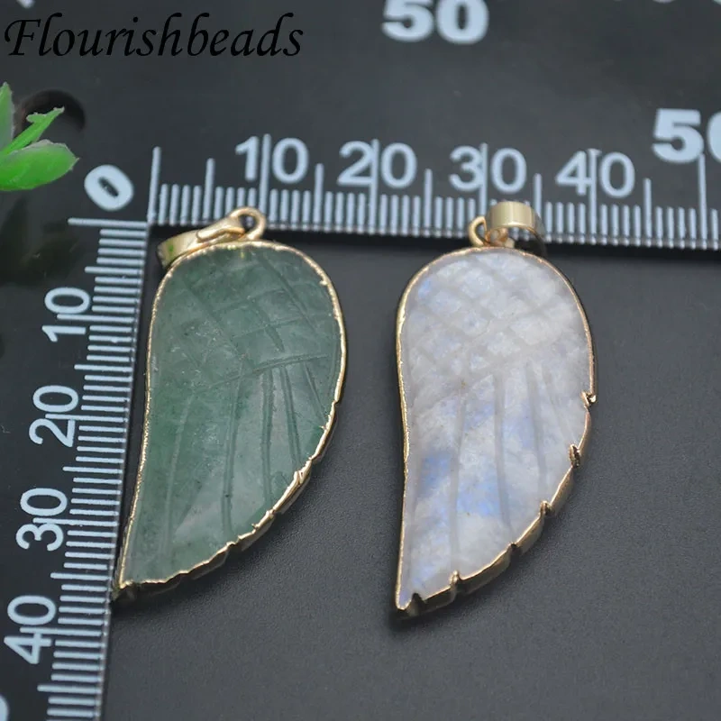 18x35mm Natural Stone Rose Quartz Opal Aventurine Fluorite Bead Carved Angel Wings Feather Pendant  for DIY Necklace