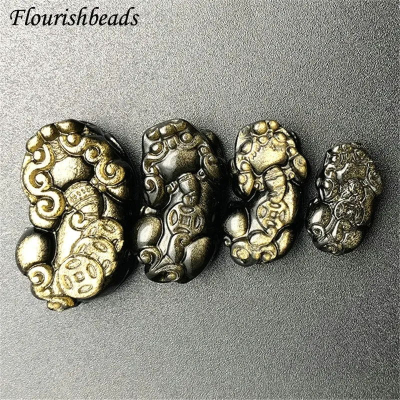 Natural Gold Obsidian Stone Carved Pixiu Pendant Fit Necklace Making Increase Luck with The Opposite Sex Jewelry 5pcs
