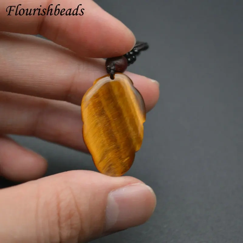 Unique Design Natural Tiger Eye Gemstone Leaf Shape Pendants Necklace Adjustable Cord Jewelry Party Gift