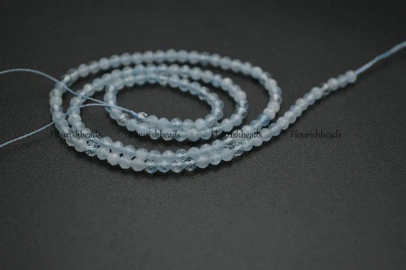 3mm Diamond Cutting Faceted Natural Aquamarine Small Size Stone Round Loose Beads