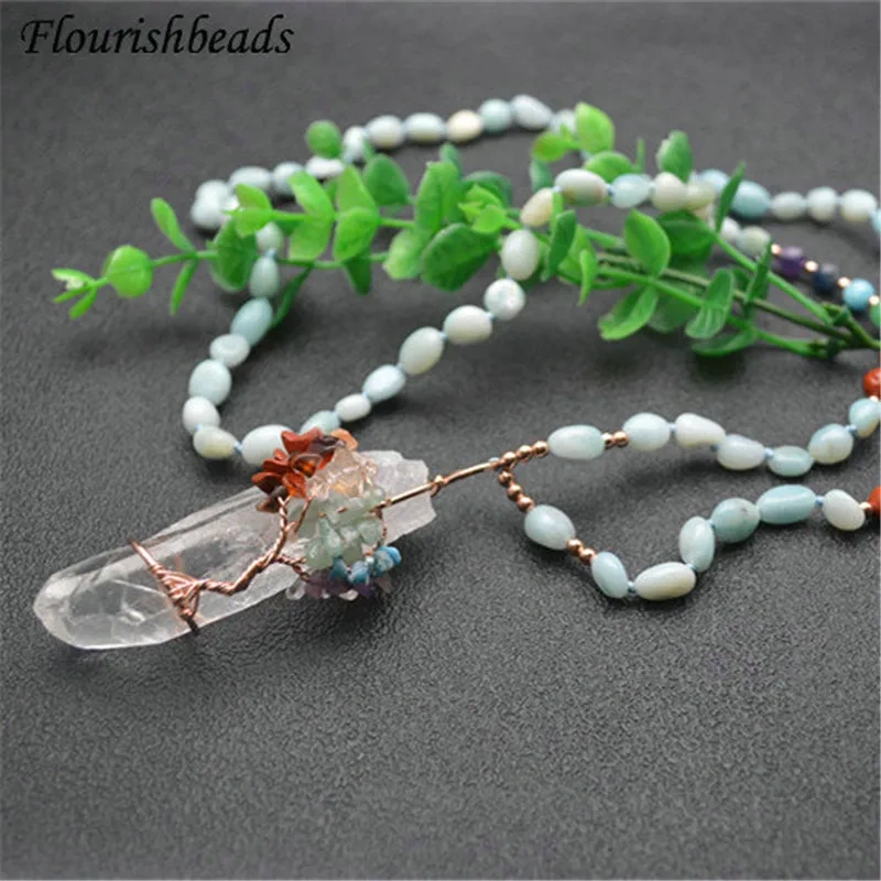 Handmade Crystal Healing Pendant Wire Wrapped Multi Stone Chips Chakra Life Tree Stone Mix Gemstone Chain Point Energy Jewelry