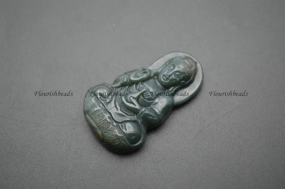 Natural Green India Agate Carved Guanyin Buddha Stone Pendant fit Buddhist Jewelry making