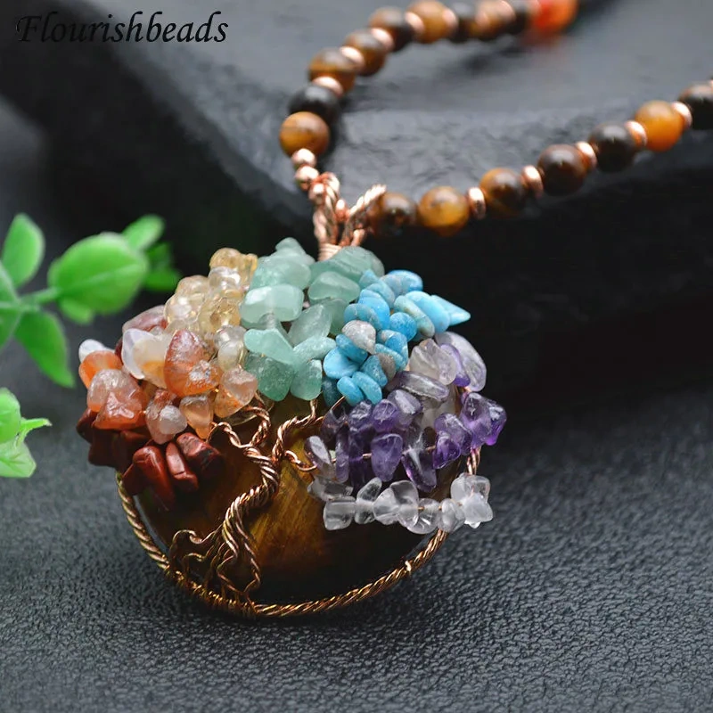 Handmade Winding Pendant Natural Tiger Eye Amethyst Pendant and Chain Life Tree Gemstone Chips Beads Mineral Healing Necklace