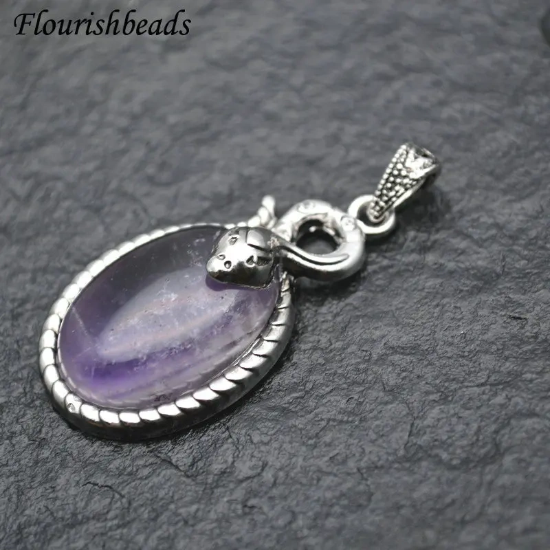 Snake Shape Metal Edge Natural Gemstone Oval Pendant Fit Necklace Jewelry DIY Stuff Tiger Eye / Pink Quartz / Amethyst / Crystal