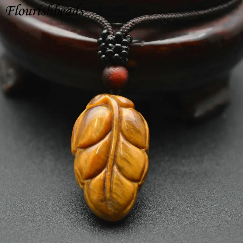 Unique Design Natural Tiger Eye Gemstone Leaf Shape Pendants Necklace Adjustable Cord Jewelry Party Gift