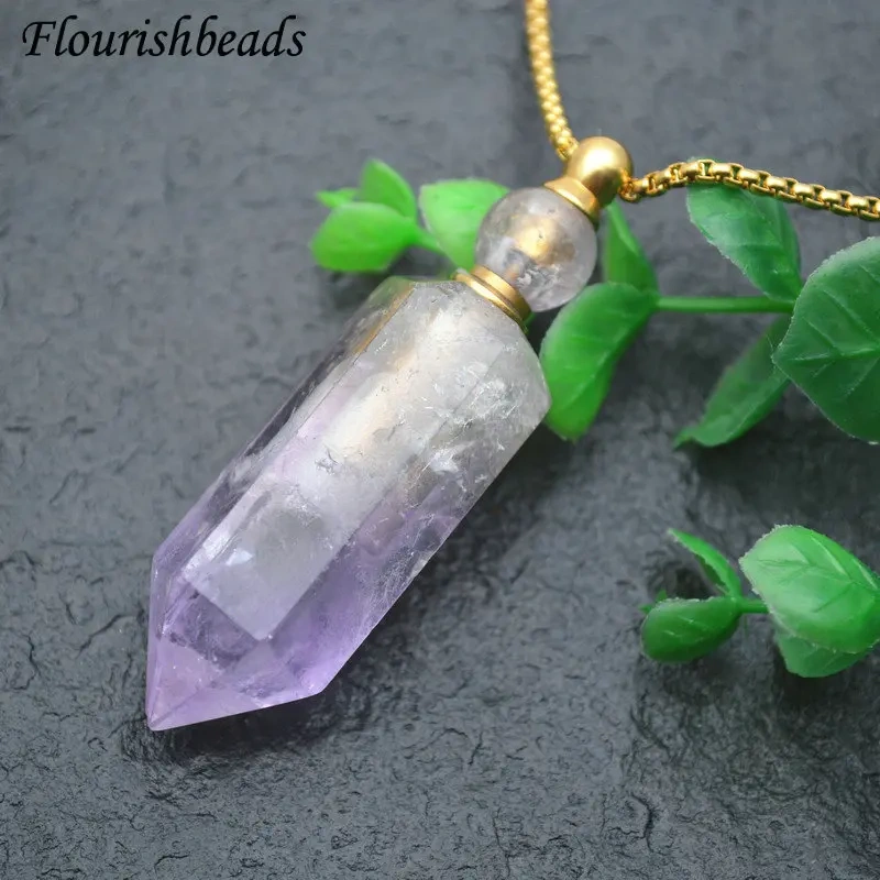 Faceted Point Perfume Bottle Pendant Natural Gemstone Essential Oils Perfume Bottle Pendant Necklace Fine Jewelry Women Gift