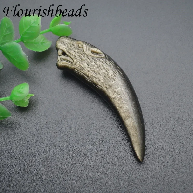 Jewelry Men Brave Pendant Natural Gold Obsidian Punk Wolf Tooth Pendant for DIY Necklace Trendy Healing Gift