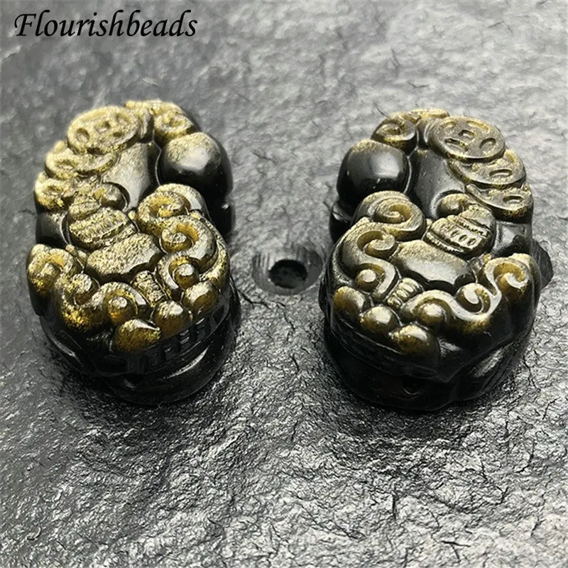 Natural Gold Obsidian Stone Carved Pixiu Pendant Fit Necklace Making Increase Luck with The Opposite Sex Jewelry 5pcs