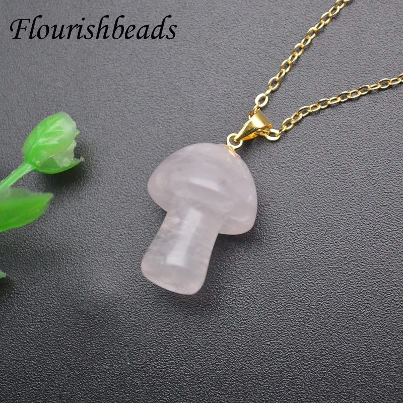 Low MOQ  Natural Gemstone Turquoise Quartz Crystal Amethyst Hand Carved Mushroom Pendant Link Necklace Yoga Amulet for Women Men