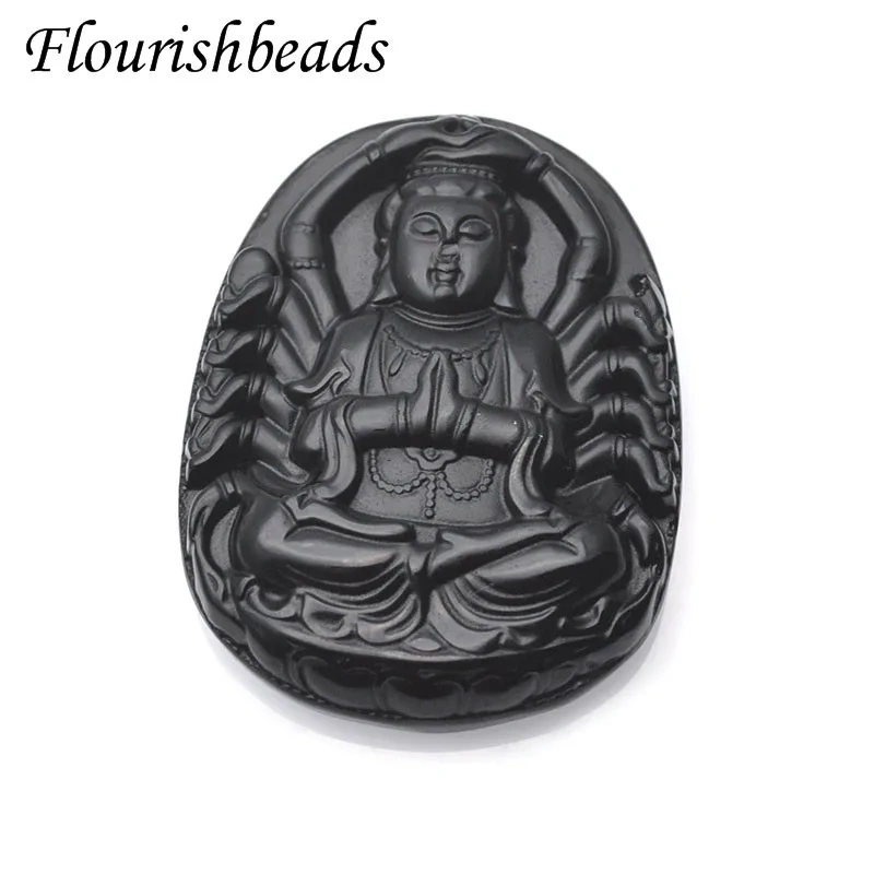 Natural Stone Black Obsidian Carved Guanyin Head Lucky Amulet Pendant DIY Necklace Fine Jewelry for Women Men