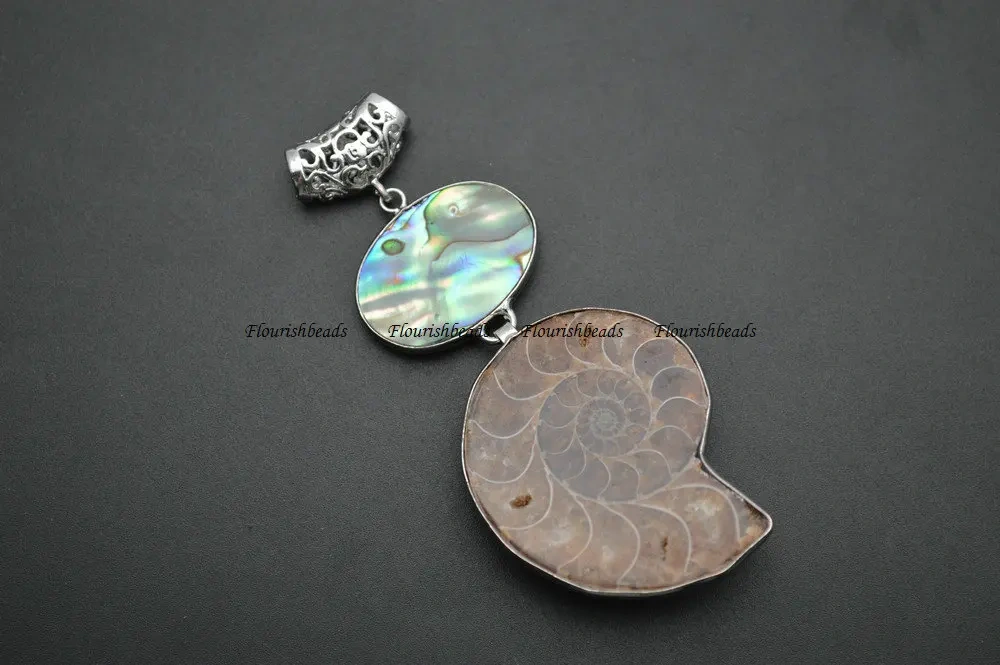 Natuarl Brown Ammonite Abalone Shell Double Layer Stone Necklace Pendant Big Size Jewelry Supplies