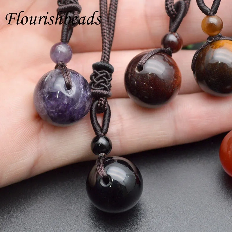 16mm Round Natural Black Obsidian Golden Sand Amethyst  Agate Pendant Necklace for Jewelry Gift 10pcs/lot