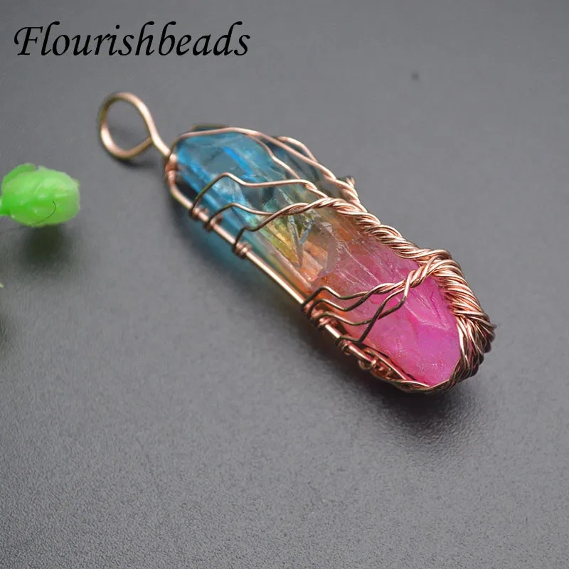 Electroplating Natural Stone Crystal Tree Life Pendant Hand Winding Yoga Meditation Stone Pendant Necklace for Women 2pcs/lot