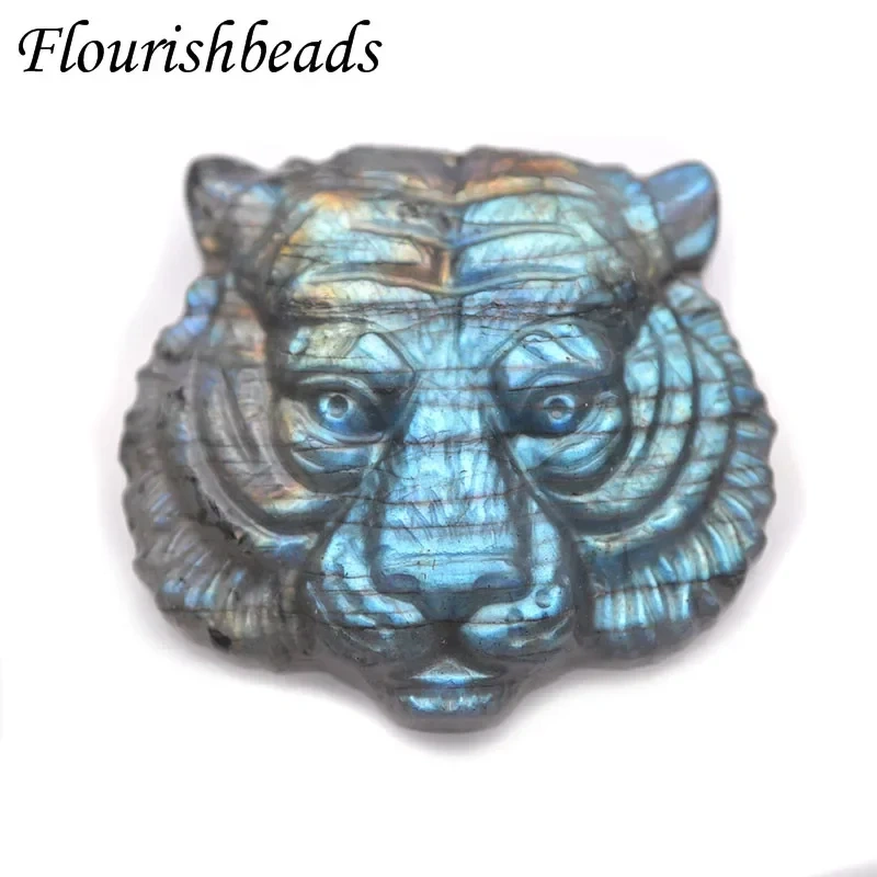 1pc Natural Stone Shiny Labradorite Carved Tiger Head Pendant Brave Quartz Crystal for DIY Fine Jewelry