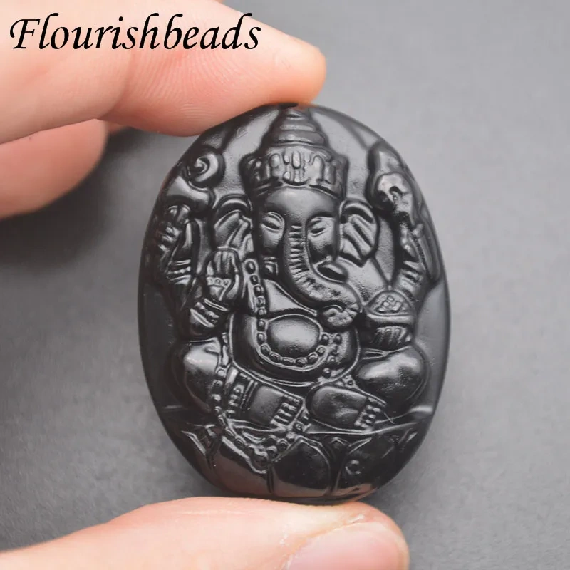 Gemstone Carved Elephant Buddha Ganesha Black Pendant Natural Obsidian Pendant DIY Necklace Cure Jewelry Making Supplies