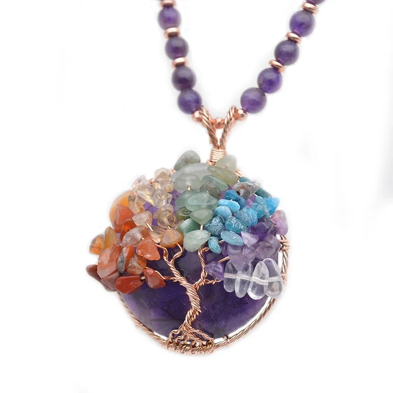 Handmade Winding Pendant Natural Tiger Eye Amethyst Pendant and Chain Life Tree Gemstone Chips Beads Mineral Healing Necklace