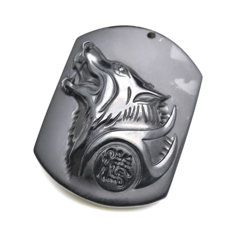1pc Natural Black Obsidian Stone Rectangle Shape Carved Wolf Head Stone Wild Style Pendants Fit Necklace Makings