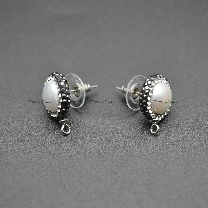 Paved Black Crystal Natural White Pearl Round Shape Dangle Earrings Stud Hooks 925 Silver Pin Jewelry Clasps Findings