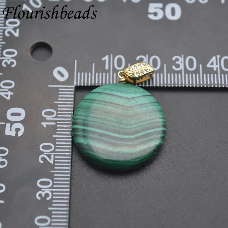 Natural Malachite Round Flat Pendant with Paved CZ Clip Clasp for Women DIY Necklace Jewelry Making