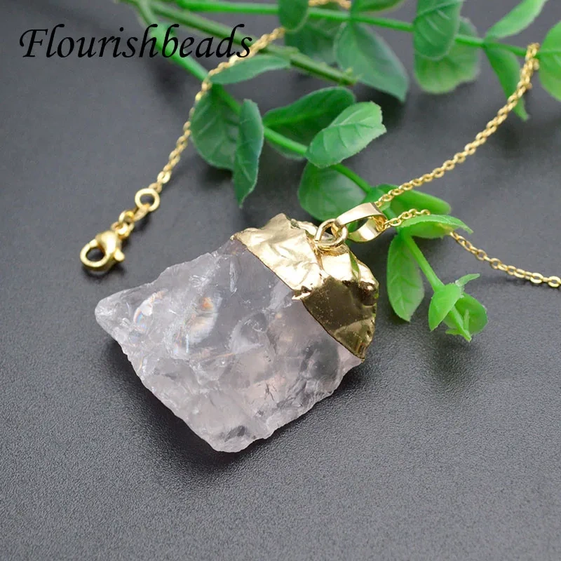 Irregular Natural Healing Stone Pendant Link Necklace Yoga Quartz Rose Crystals for Women Men Jewelry