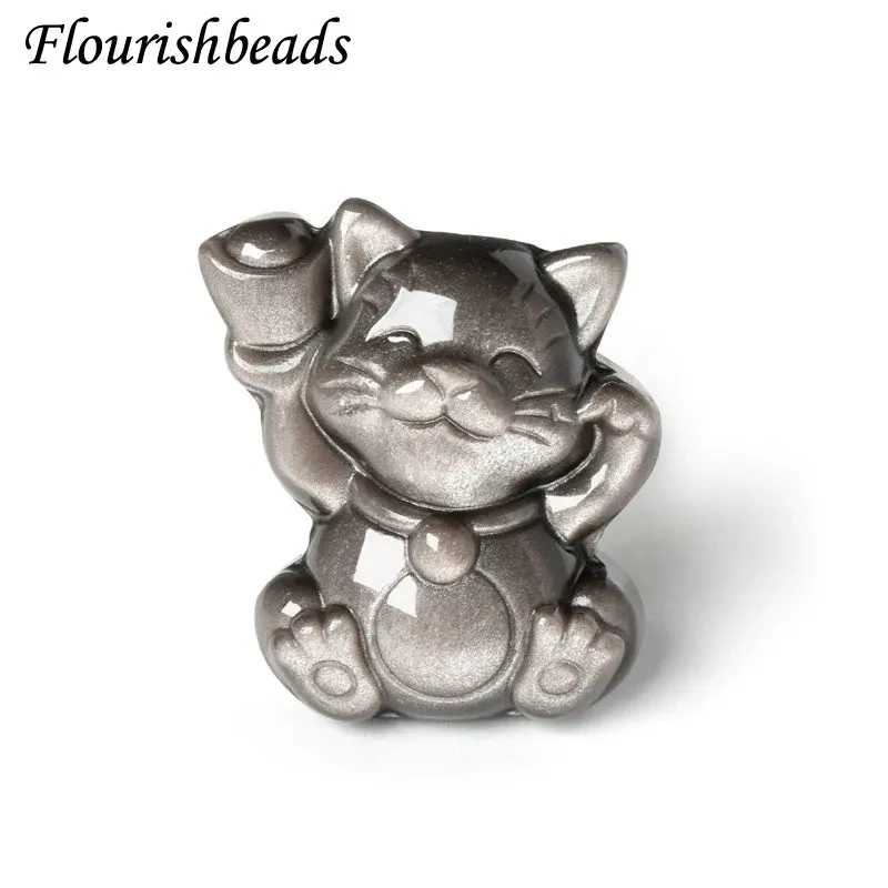 Natural Sivery Obsidian Cute Fortune Cat Gemstone Pendant Fit Necklace Buddhism Religion Accessories 5pcs / Lot