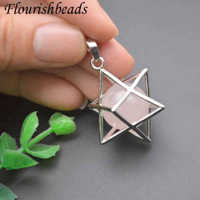 Natural Crystal Rose Quartz Round Beads Openwork Pendant for Men Women Healing Meditation Jewelry Gift