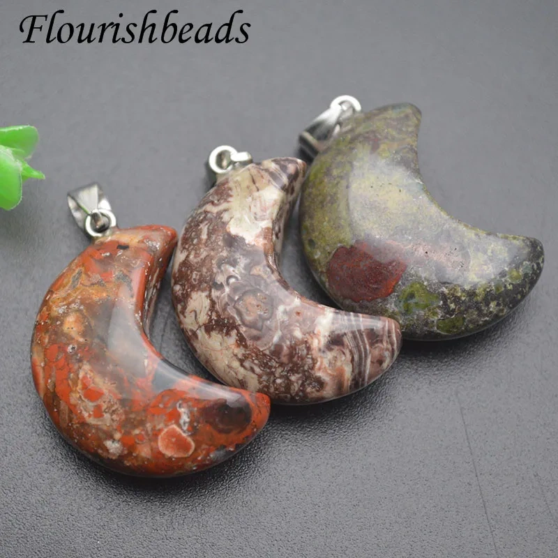 25x33mm Natural Dragon Blood Stone Moon Shape Charms Crystal Quartz Pendant DIY Fine Jewelry Making