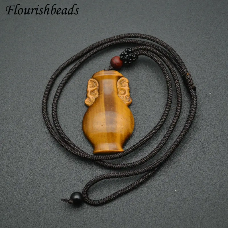 Unique Design Natural Tiger Eye Gemstone Vase Shape Pendants Necklace Adjustable Cord Jewelry Party Gift