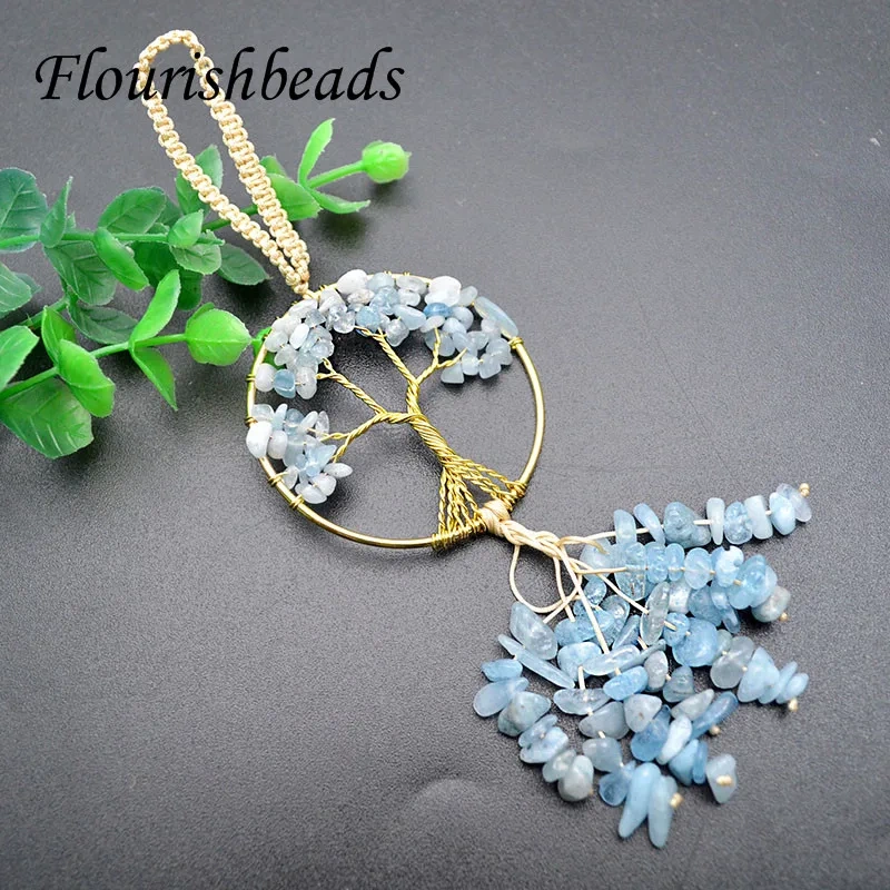 5pcs/lot Crystal GemStone Tree of Life Chakra Keychain Pendant Hanging Copper Wire Wrap Round Key Ring Holder