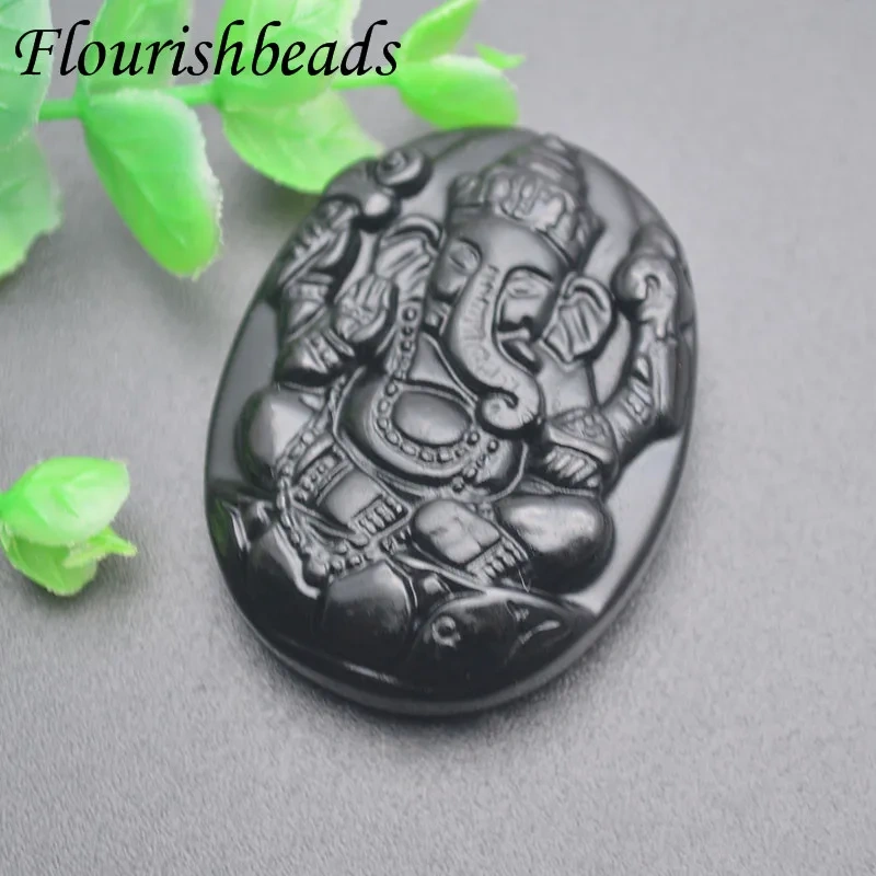 Gemstone Carved Elephant Buddha Ganesha Black Pendant Natural Obsidian Pendant DIY Necklace Cure Jewelry Making Supplies
