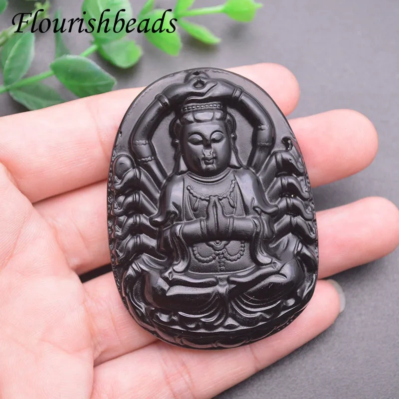 Natural Stone Black Obsidian Carved Guanyin Head Lucky Amulet Pendant DIY Necklace Fine Jewelry for Women Men