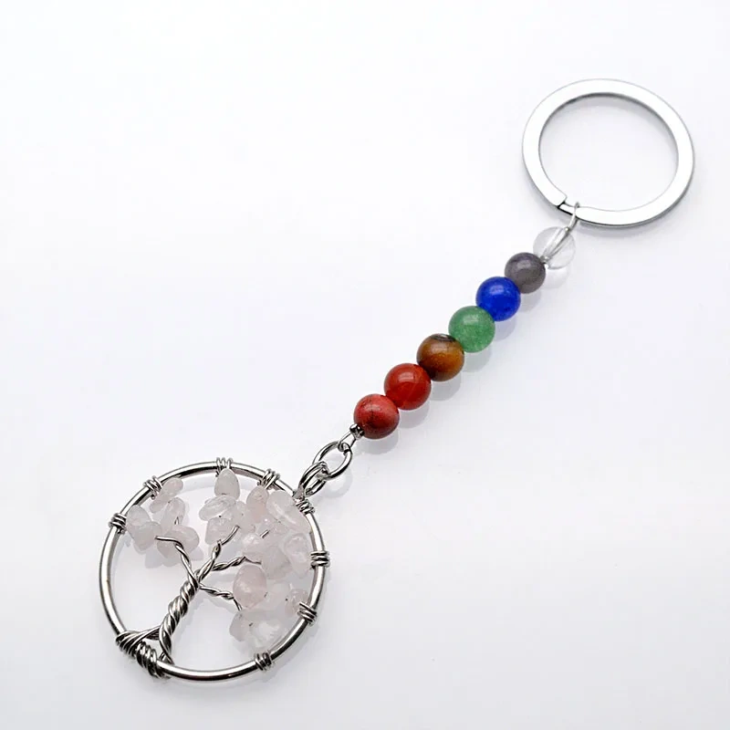 Key Ring Natural Crystal Gemstone Tree Life Pendant Mineral Jewelry Handmade Keychains Seven Chakras Bag Accessories