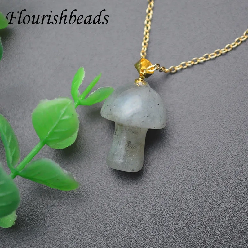 Low MOQ  Natural Gemstone Turquoise Quartz Crystal Amethyst Hand Carved Mushroom Pendant Link Necklace Yoga Amulet for Women Men
