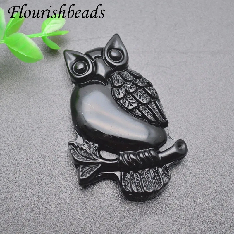 Natural Black Obsidian Carved Animal Owl Shape Gemstone Pendant for DIY Yoga Necklaces Fine Jewelry