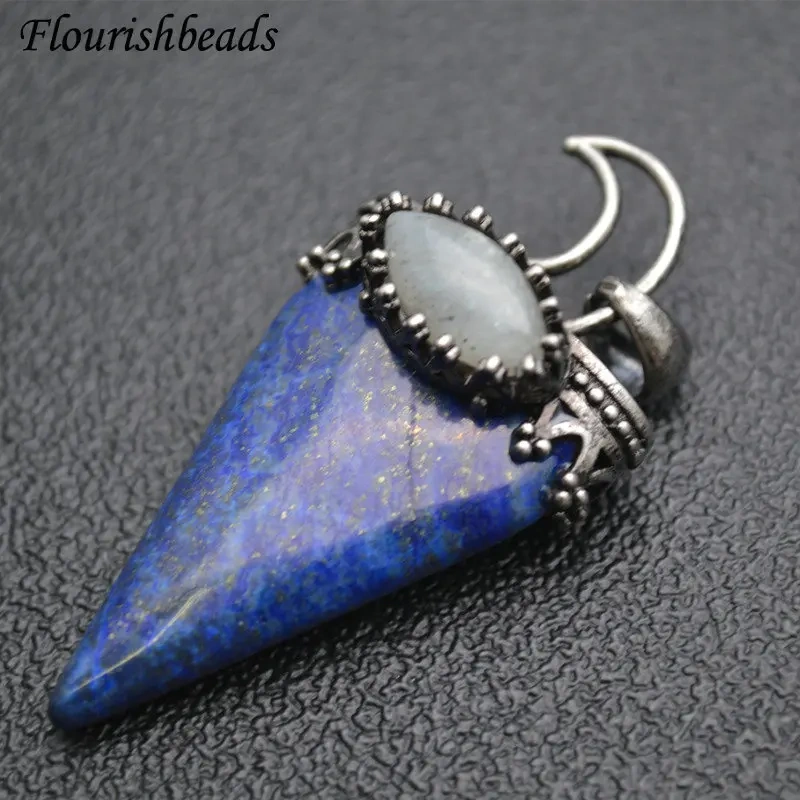 Cool Wolf Teeth Shape Natural Gemstone Pendant Fit Necklace Vintage Jewelry DIY Stuff Tiger Eye / Lapis / Agate / Crystal