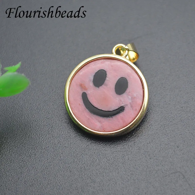 15mm Cute Smiley Round Natural Stone Pendants Lipis Amethyst Charms for DIY Necklace Jewelry Making Accessories 5pcs/lot