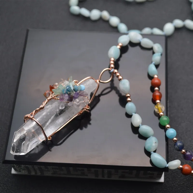 Handmade Crystal Healing Pendant Wire Wrapped Multi Stone Chips Chakra Life Tree Stone Mix Gemstone Chain Point Energy Jewelry