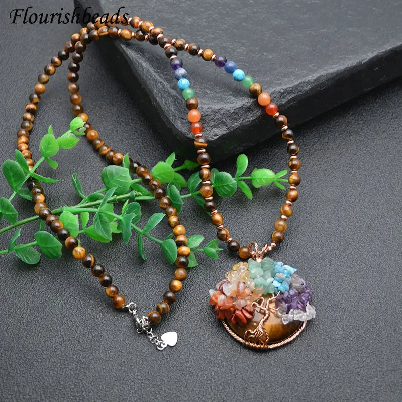Handmade Winding Pendant Natural Tiger Eye Amethyst Pendant and Chain Life Tree Gemstone Chips Beads Mineral Healing Necklace
